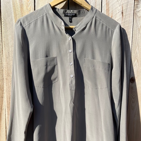 EILEEN FISHER 100% Silk Georgette Crepe Mandarin Collar Shirt - light grey - Picture 1 of 5